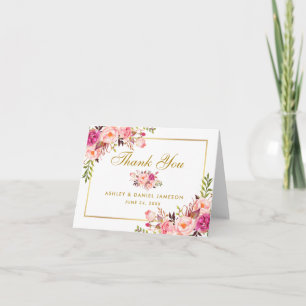 Blommigt Rosa  Guld Bröllop tackmeddelande Tack Kort