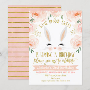 Blommigt Rosa Guld Bunny Ansikte födelsedagsinbjud Inbjudningar