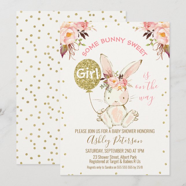 Blommigt Rosa Guld Bunny Baby Shower-inbjudan Inbjudningar (Fram/baksida)