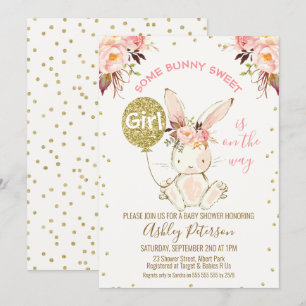 Blommigt Rosa Guld Bunny Baby Shower-inbjudan Inbjudningar
