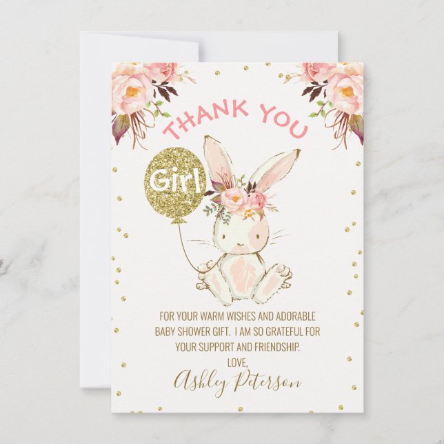 Blommigt Rosa Guld Bunny Baby Shower Tack för ditt Inbjudningar (Framsida)
