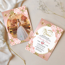 Blommigt  Rosa Guld Butterfly Photo Quinceañera Inbjudningar