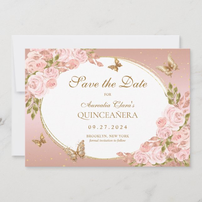 Blommigt  Rosa Guld Butterfly Quinceanera Meddelande (Framsida)