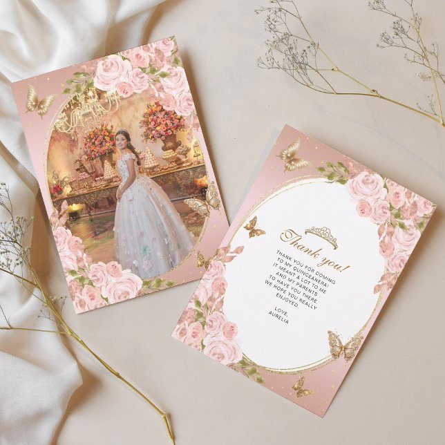 Blommigt  Rosa Guld Butterfly Quinceañera Photo Tack Kort (Skapare uppladdad)