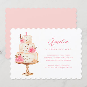 Blommigt Rosa Guld Cake First Födelsedagsfest Inbjudningar