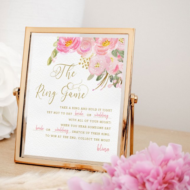 Blommigt Rosa Guld Calligraphy Ring Game Sign Poster (Ring Game poster from my Pink and Gold Watercolor Floral Bridal Shower Collection)