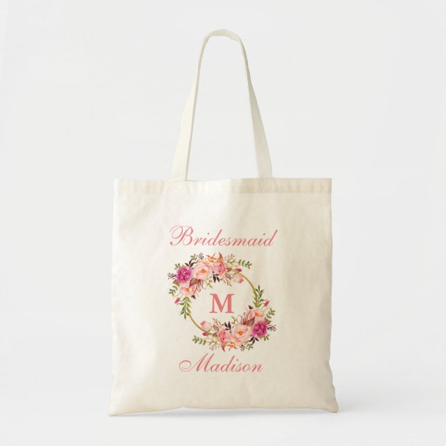 Blommigt Rosa  Guld Circle Monogram Bridesmaid Tygkasse (Framsidan)
