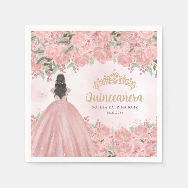 Blommigt  Rosa Guld Dress Princess Quinceanera Pappersservett (Framsidan)
