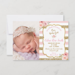 Blommigt Rosa Guld Flicka Birth Photo Meddelande