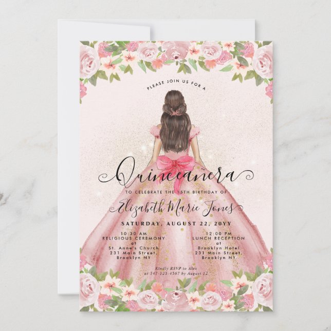 Blommigt  Rosa Guld Glam Princess Quinceanera Inbjudningar (Framsida)