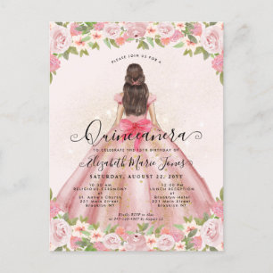 Blommigt Rosa Guld Glam Princess Quinceanera Vykort