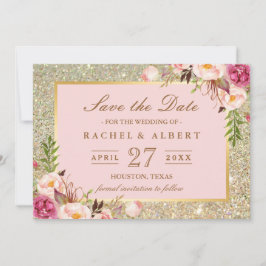 Blommigt Rosa Guld Glitter Bröllop spara datum Datumet