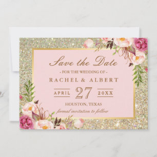 Blommigt Rosa Guld Glitter Bröllop spara datum Datumet