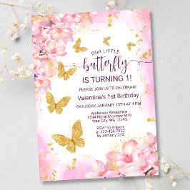 Blommigt Rosa Guld Glitter Butterfly 1:a födelseda Inbjudningar