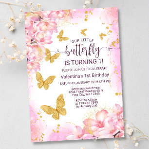 Blommigt Rosa Guld Glitter Butterfly 1:a födelseda Inbjudningar
