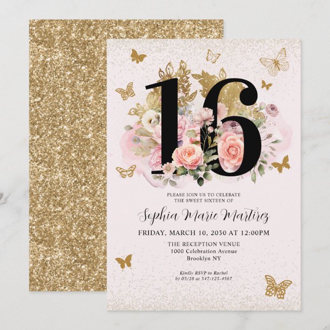 Blommigt  Rosa Guld Glitter Butterfly Sweet 16 Inbjudningar (Fram/baksida)