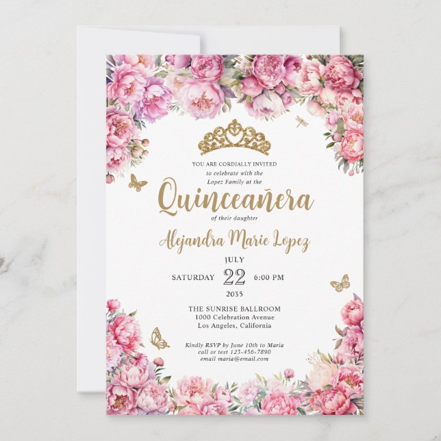 Blommigt  Rosa Guld Glitter Tiara Quinceañera Inbjudningar (Framsida)