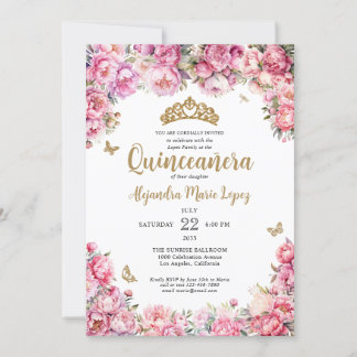 Blommigt  Rosa Guld Glitter Tiara Quinceañera Inbjudningar