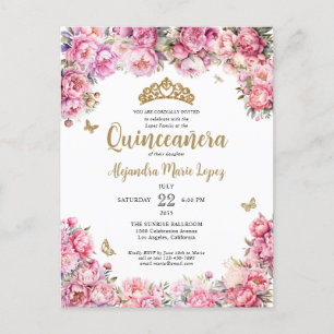 Blommigt Rosa Guld Glitter Tiara Quinceañera Vykort