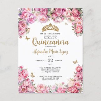 Blommigt  Rosa Guld Glitter Tiara Quinceañera Vykort