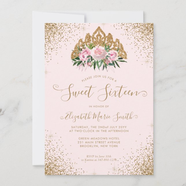 Blommigt Rosa Guld Glitter Tiara Sweet 16 Birthday Inbjudningar (Framsida)