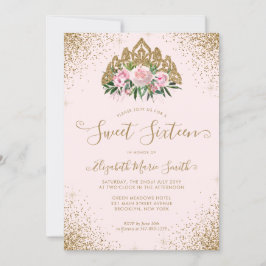 Blommigt Rosa Guld Glitter Tiara Sweet 16 Birthday Inbjudningar