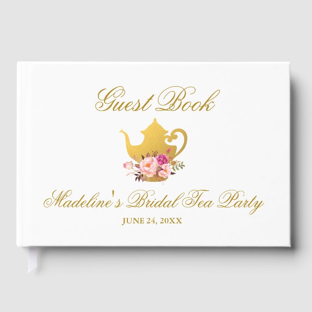 Blommigt Rosa Guld Möhippa Tea Party Gästböcker (Framsida)