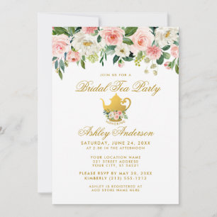 Blommigt Rosa Guld Möhippa Tea Party Inbjudan