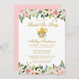 Blommigt Rosa Guld Möhippa Tea Party Inbjudan P