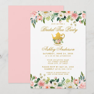 Blommigt Rosa Guld Möhippa Tea Party Inbjudan P