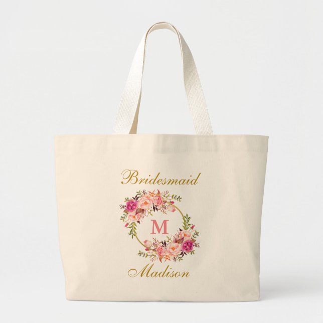 Blommigt Rosa  Guld Monogram Bridesmaid Jumbo Tygkasse (Framsidan)