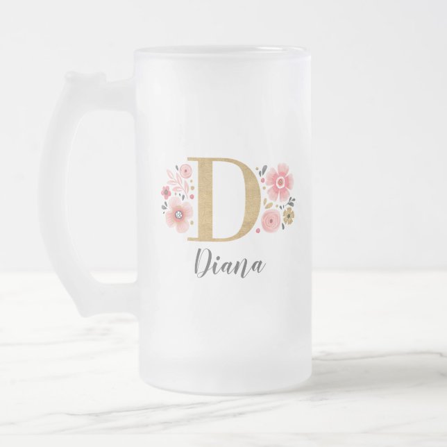 Blommigt Rosa Guld Monogram Frostat Ölglas (Vänster)
