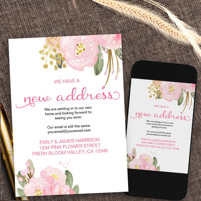 Blommigt Rosa Guld Nya adress meddelandet om Flytt Meddelande (Floral new address moving announcement card available printed or as printable digital download
)