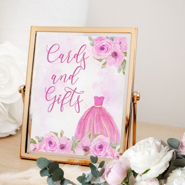 Blommigt Rosa Guld Princess Dress Card and Gifts Poster (Cards and Gifts Poster from my Galaxy Floral Princess Quinceanera collection)