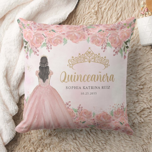 Blommigt  Rosa Guld Princess Tiara Quinceanera Kudde (Filt)