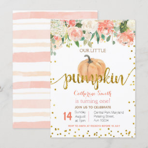 Blommigt Rosa Guld Pumpkin 1:a födelsedagen Inbjudningar