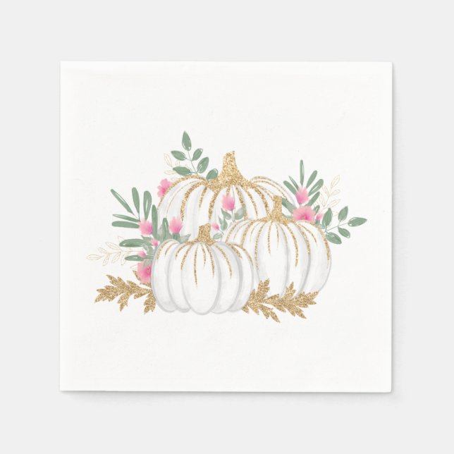 Blommigt Rosa Guld Pumpkins Thanksgiving Fall Part Pappersservett (Framsidan)