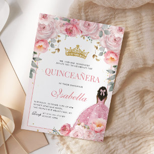 Blommigt  Rosa Guld Quinceanera Princess Inbjudningar
