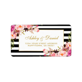 Blommigt Rosa Guld Svarta vita Rand Bröllop Adressetikett