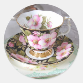 Blommigt Rosa & Guld Tekopp Stickers Runt Klistermärke