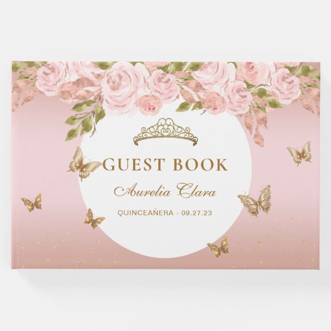 Blommigt  Rosa Guld Tiara Butterfly Guest Bok (Framsida)