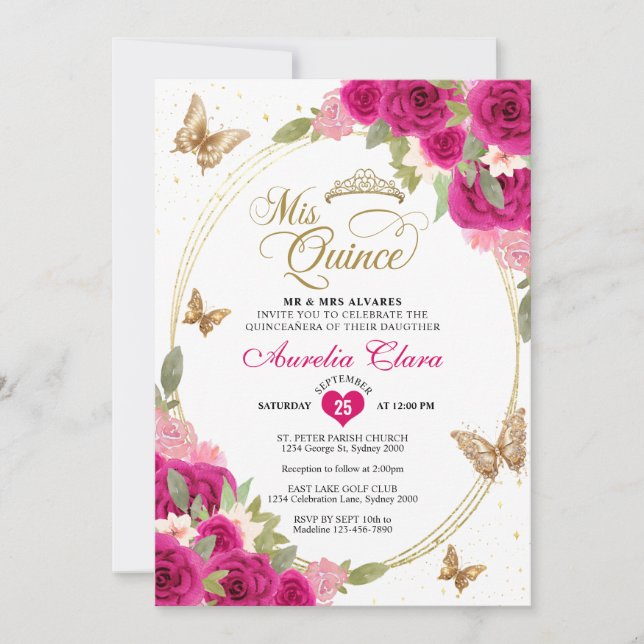 Blommigt Rosa Guld Tiara Butterfly Mis Quinceañera Inbjudningar (Framsida)