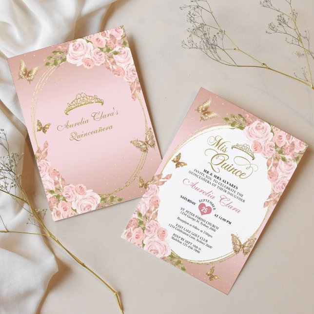 Blommigt  Rosa Guld Tiara Butterfly Quinceañera Inbjudningar (Skapare uppladdad)