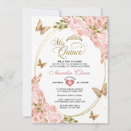 Blommigt  Rosa Guld Tiara Butterfly Quinceañera Inbjudningar