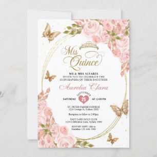 Blommigt Rosa Guld Tiara Butterfly Quinceañera Inbjudningar