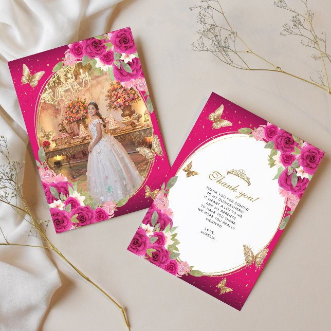 Blommigt Rosa Guld Tiara Butterfly Quinceañera Pho Tack Kort (Skapare uppladdad)