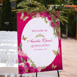 Blommigt Rosa Guld Tiara Butterfly Quinceañera Poster