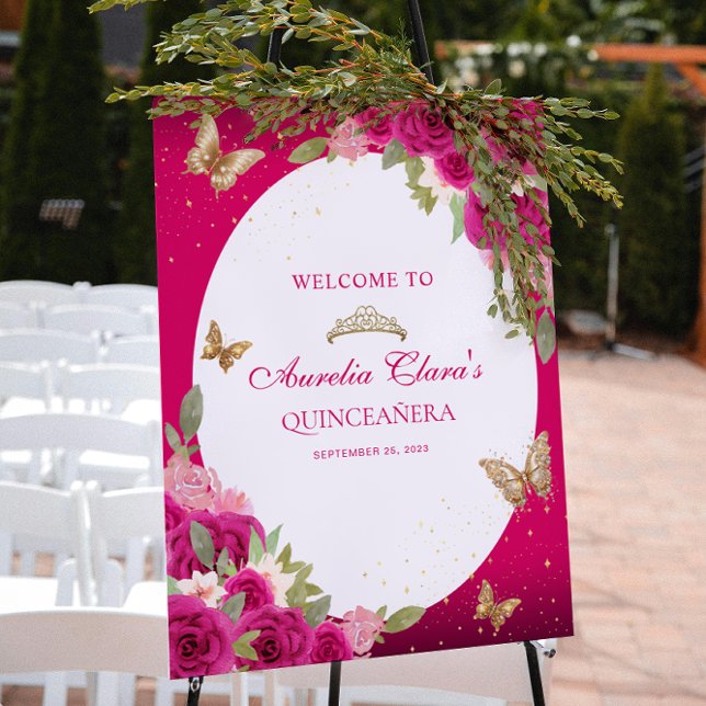 Blommigt Rosa Guld Tiara Butterfly Quinceañera Poster (Skapare uppladdad)
