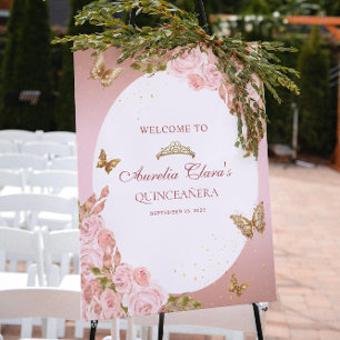 Blommigt  Rosa Guld Tiara Butterfly Quinceañera Poster