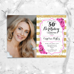 Blommigt Rosa Guld White Photo 50:e födelsedagen Inbjudningar<br><div class="desc">Femininininbjudan till elegantens blommigt på 50 år med ditt foto. Glam, vit och baby rosa med Faux glitter guld. Funktioner rand, ljust rosa ro, skriptteckensnitt och konetti. Perfekt för en snyggt vuxen under firande party. Anpassa med dina egna detaljer. Kan anpassas för vilken ålder som helst! Skrivna Zazzle-inbjudningar eller digital...</div>